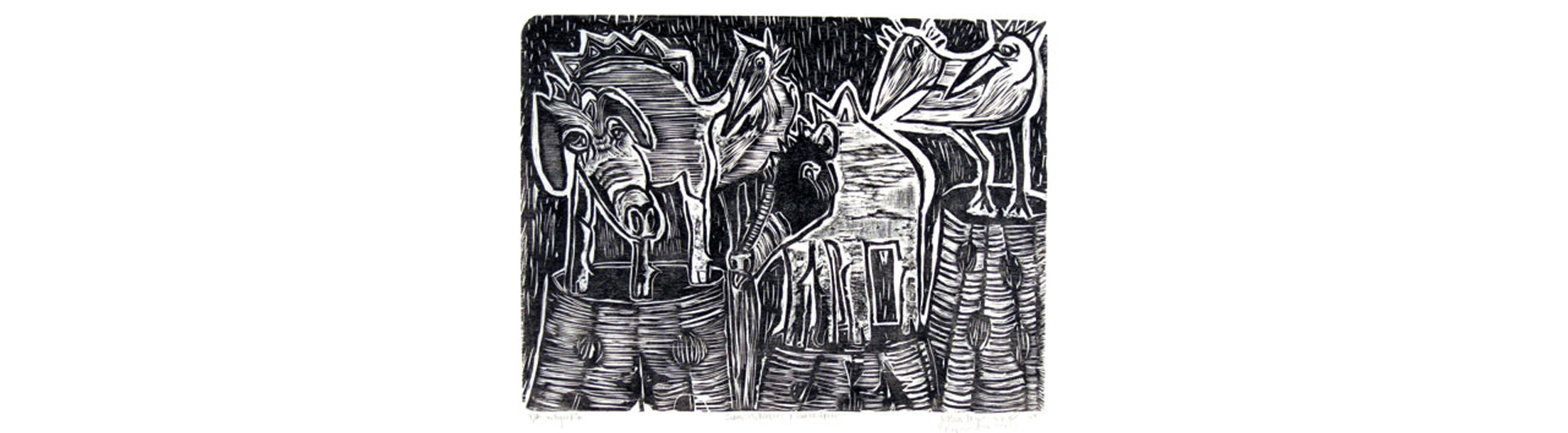Woodcut print of fantastic animal characters by Jessica Freyre-Cuebas