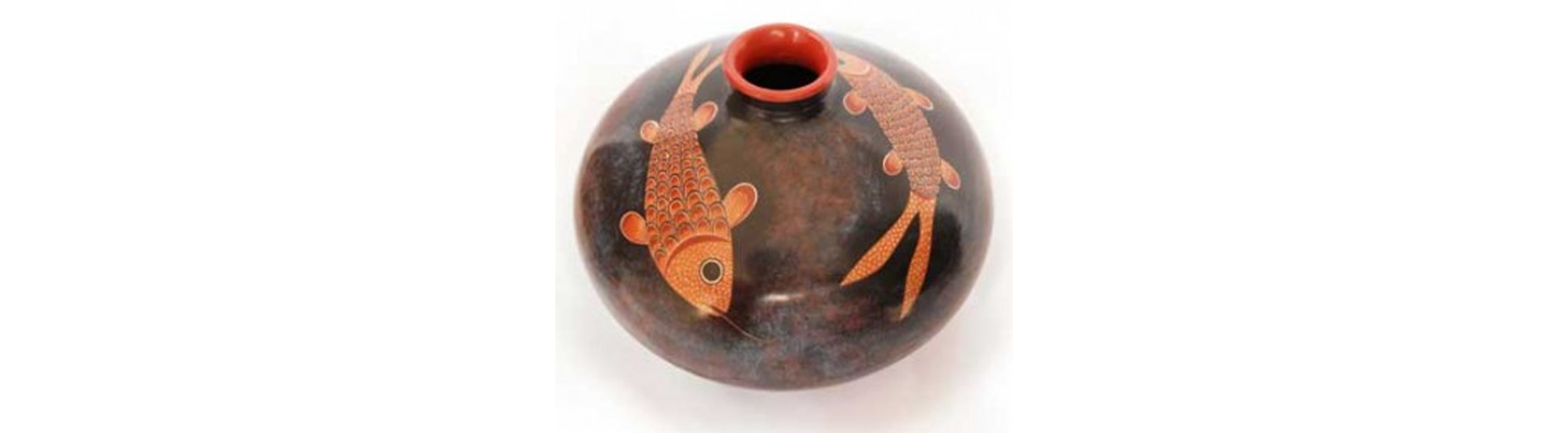 Ceramic brown and orange pot with painting of two Koi on either side