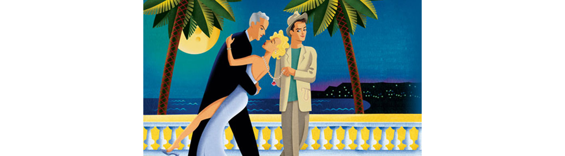 Illustration of a dancing couple and a thief with palm trees and a full moon behind