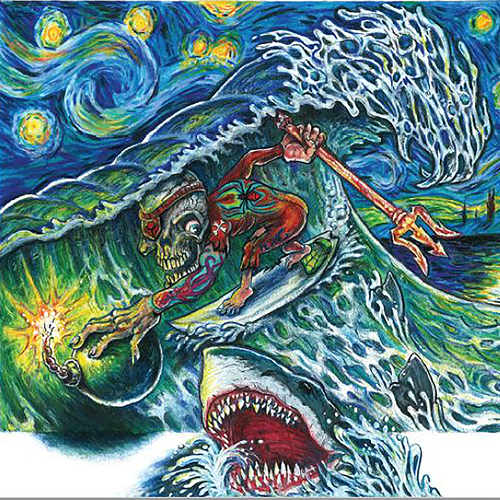Colored Pencil drawing of skeleton surfer, shark and starry sky