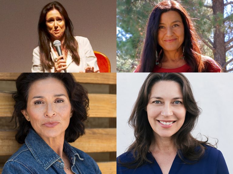 Headshots of The Glorias Panelists - Julie Taymor, Monica Sanchez, Kimberly Guerrero, Micha Espinosa