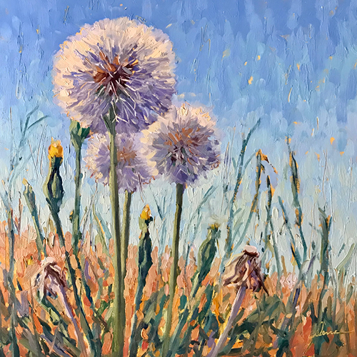 Oil painting of dandelions with a blue sky background