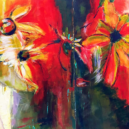 Abstract painting of flowers is warm tones