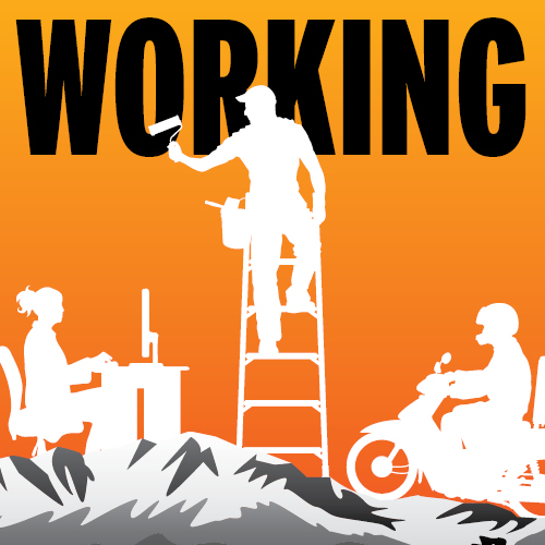 Working logo with silhouettes in foreground on top of Pikes Peak