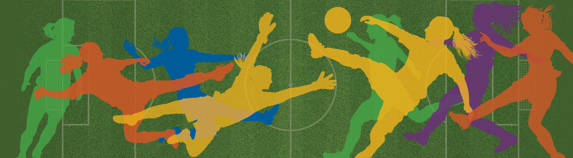 Bright colored soccer player silhouettes on a green background