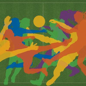 Bright colored soccer player silhouettes on a green background