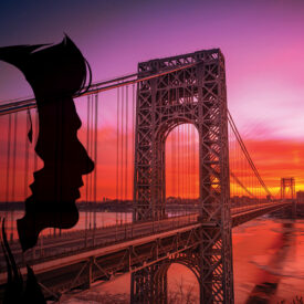 Washington Bridge at sunset with male and female profile silhouette