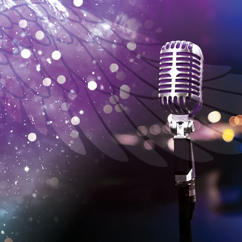 Vintage microphone with snow and angel wing with purple overlay