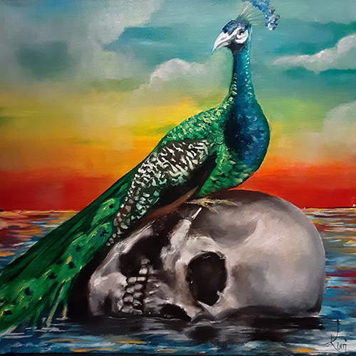 Korri Grossman painting of a peacock and a skull