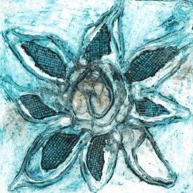 Collage forming the image of a flower on a blue background