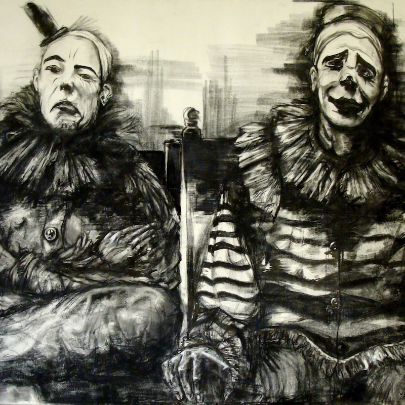 a pencil sketch of two clowns