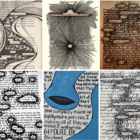 a collage of 6 book pages that have been drawn on to highlight specific words to form new poetry