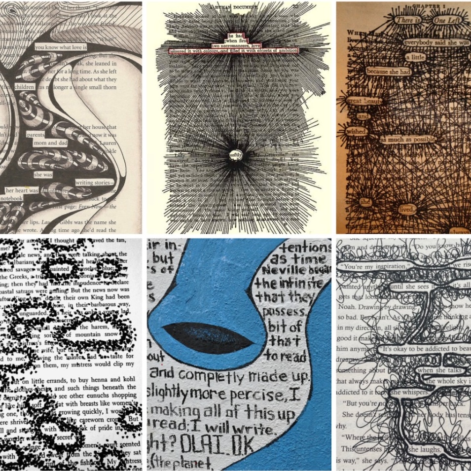 a collage of 6 book pages that have been drawn on to highlight specific words to form new poetry