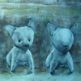 A blue toned realistic sketch of two dog stuffed animals, one with eyes, one without