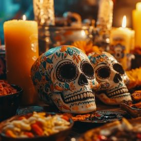 Close up of painted skulls on a table with lit candles