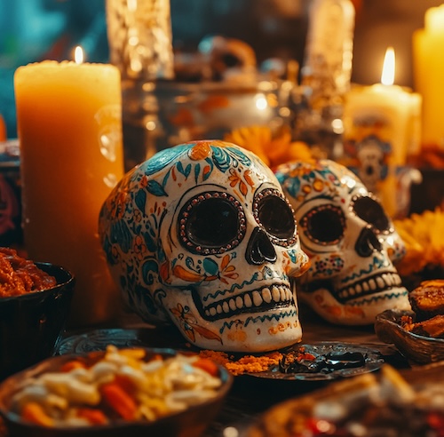 Close up of painted skulls on a table with lit candles