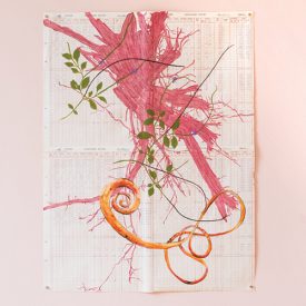 Mixed media art of orange roots, green leaves, and pink abstract shapes drawn on top of a spreadsheet