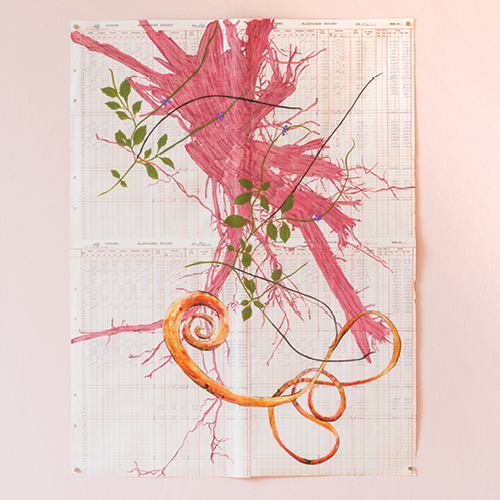 Mixed media art of orange roots, green leaves, and pink abstract shapes drawn on top of a spreadsheet