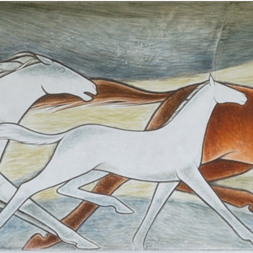 A portion of the Wild Horses mural depicting wild horses running