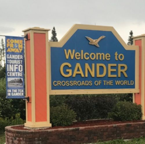 A sign that reads "Welcome to Gander Crossroads of the World"