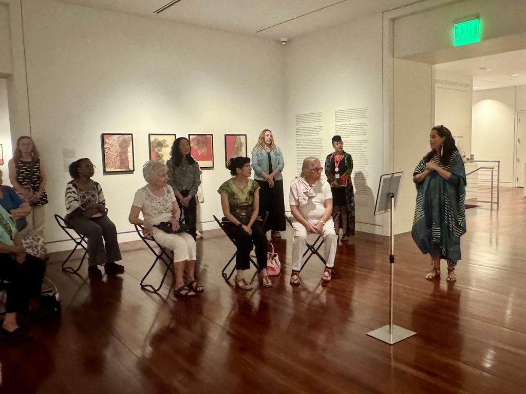 Members sit in a gallery and listen to a presentation